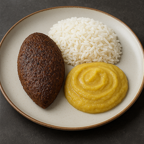 Quibe ao forno recheado com queijo + Purê de banana da terra + Arroz Branco (340g)