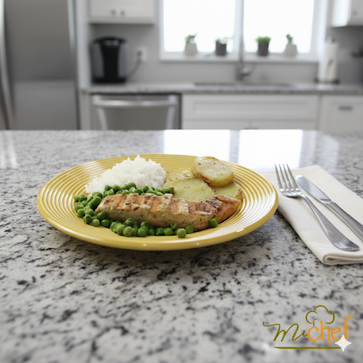 Salmão com ervas + Ervilhas Frescas + Arroz Branco + Batata doce rústica (390g)