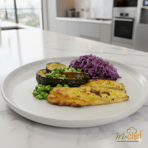 Tilápia com Lemon Pepper + Abobora com especiarias + Repolho roxo com ervas + Ervilhas frescas (370G)
