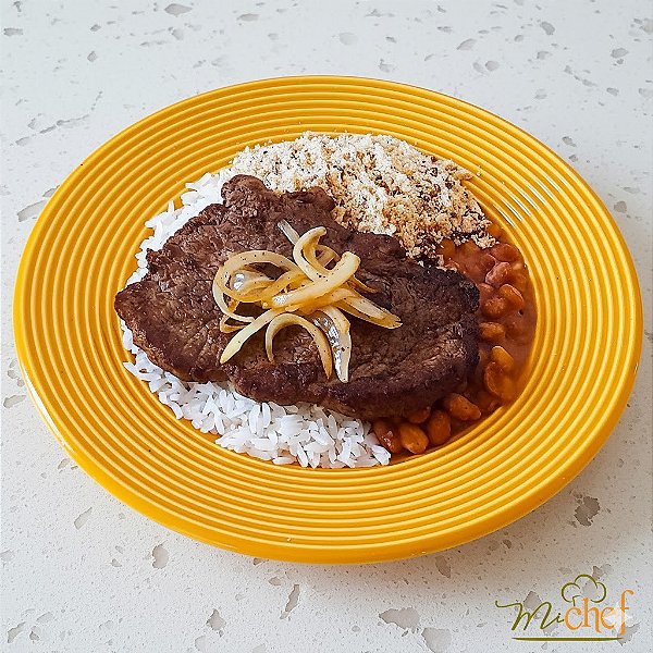 Filé Mignon acebolado + Arroz Branco + Feijão Carioquinha + Farofa Crocante (410g)