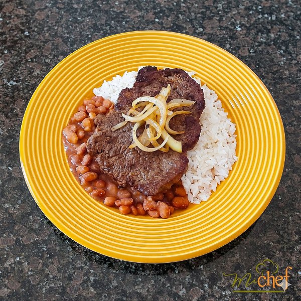 Filé Mignon acebolado + Arroz Branco + Feijão Carioquinha (360g)