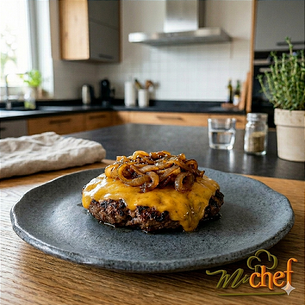 Hamburguer com Queijo Cheddar e Cebolas Caramelizadass (180g) | Embalado a vácuo