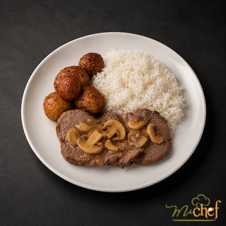 Rosbife de Filé Mignon ao molho de Champignon + Arroz Branco + Batatas Sauté (370g) | Embalado a vácuo