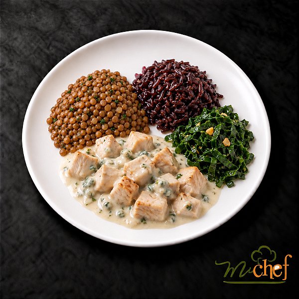 Frango ao Molho Gorgonzola + Arroz Negro + Lentilhas ao Alho e Ervas + Couve Mineira (430g) | Embalado a Vácuo