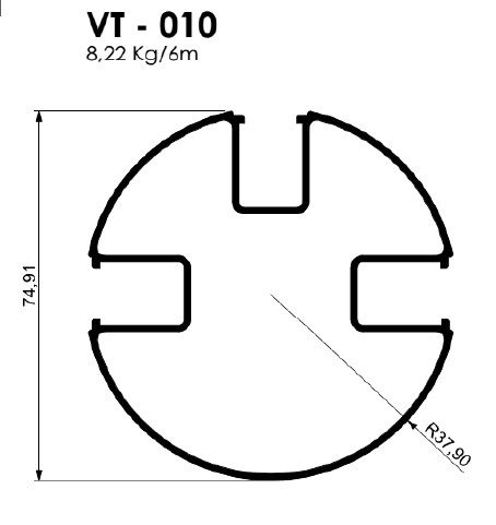 VT-010-PERFIL REDONDO DE 75 MM DE DIAMETRO PARA MURO DE VIDRO 8,22 KG BARRA 6,00 ML