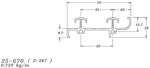 25-670 4.374 kg por barra 6,00 ml linha 25 esquadria de aluminio