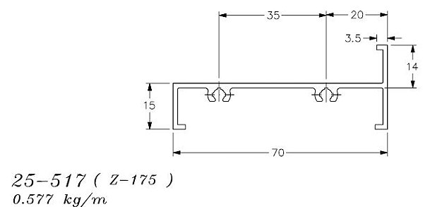 25-517 (z-175) 3,462 kg por barra 6,00 ml linha 25 esquadria de aluminio