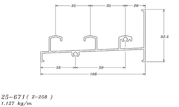 25-671 (Z-258) 6.762  KG POR BARRA 6,00 ML LINHA 25 ESQUADRIA DE ALUMINIO