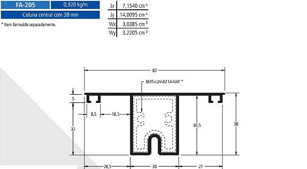 FA-205  5.52 KG POR BARRA 6,00 ML FACHADA ATLANTA ESQUADRIA DE ALUMINIO