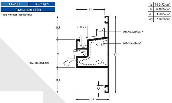 FA-233  5.55 KG POR BARRA 6,00 FACHADA ATLANTA  ESQUADRIA DE ALUMINIO