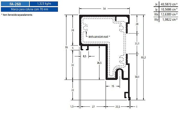 FA-260  7.93 KG POR BARRA 6,00 ML FACHADA ATLANTA  ESQUADRIA DE ALUMINIO