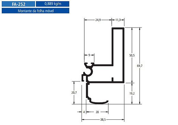 FA-252 5.33 KG POR BARRA 6,00 ML FACHADA ATLANTA  ESQUADRIA DE ALUMINIO
