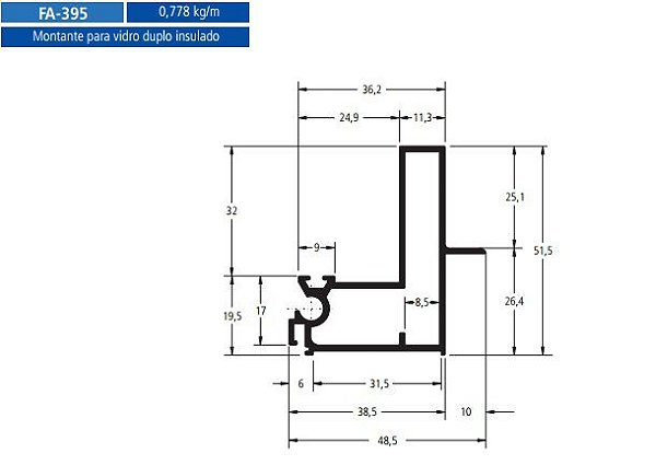 FA-395   4.66 KG POR BARRA 6,00 ML FACHADA ATLANTA  ESQUADRIA DE ALUMINIO