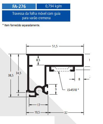 FA-276   4.76 KG POR BARRA 6,00 ML FACHADA ATLANTA  ESQUADRIA DE ALUMINIO