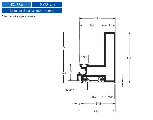 FA-384  4.74 KG POR BARRA 6,00  FACHADA ATLANTA ESQUADRIA DE ALUMINIO
