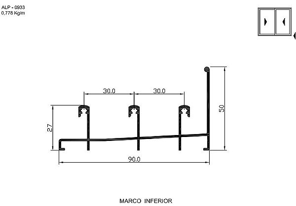 ALP-0933  4,66 KG POR BARRA 6,00 LINHA SP-20 ESQUADRIA DE ALUMINIO