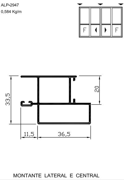 ALP-2947  3,50 KG POR BARRA 6,00 LINHA SP-20 ESQUADRIA DE ALUMINIO