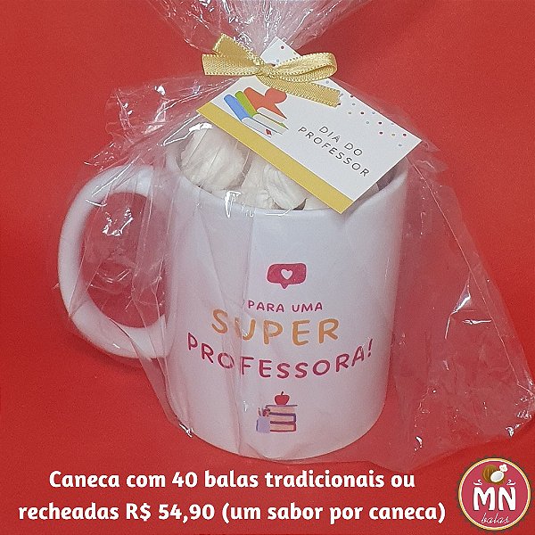 Unidade da caneca Dia dos Professores com 40 balas de coco tradicionais ou recheadas