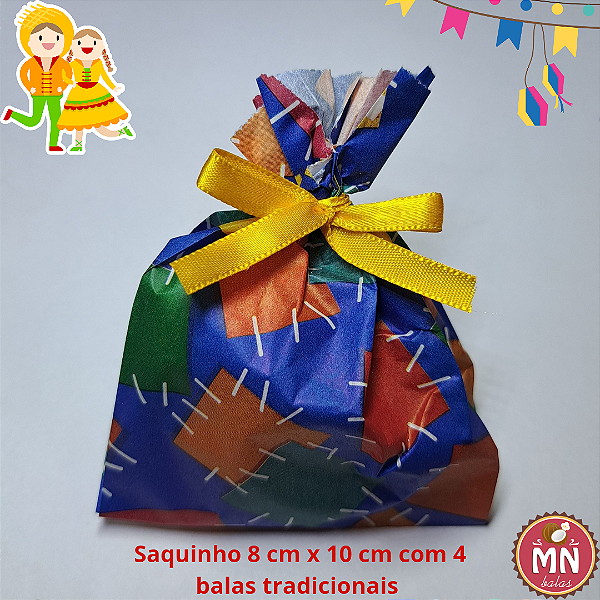 UNIDADE Saquinho de papel 8 cm x 10 cm com 4 balas fechado com fita festa junina