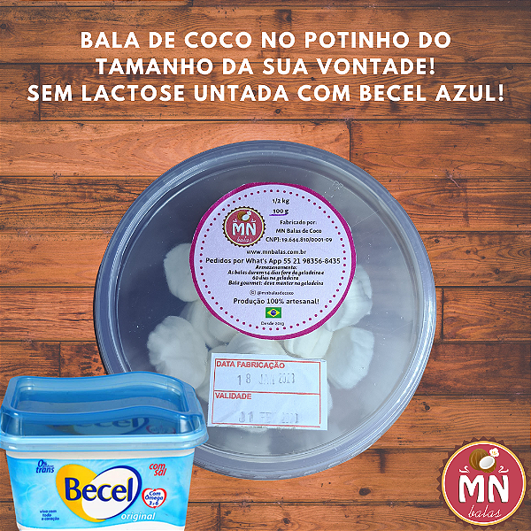 100 g Bala de coco comum tradicional sem recheio SEM LACTOSE UNTADA COM BECEL AZUL