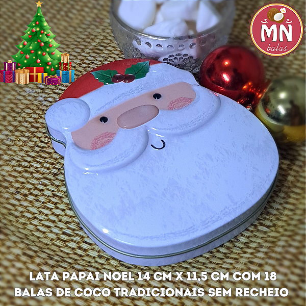 Unidade da lata papai noel 14 cm x 11,5 cm com 18 balas de coco tradicionais sem recheio