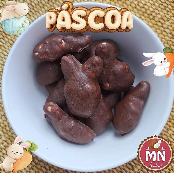 Kit com 50 balas personalizadas de coelhinho da Páscoa com cobertura de chocolate ao leite ou chocolate meio amargo