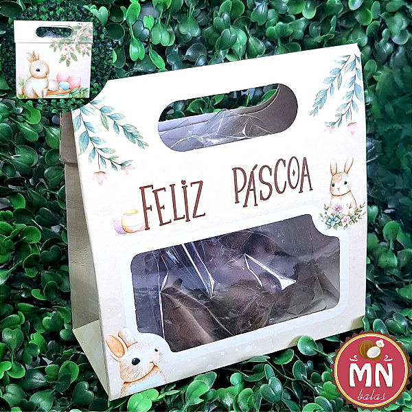 Unidade da Caixa Pratique com Visor Coelhinhos bege tamanho 7 cm x 8 cm x 19 cm com 5 balas de coco personalizadas de coelhinho com cobertura de chocolate ao leite
