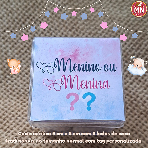 10 caixinhas de acrílico com 6 balas tradicionais sem recheio com tag personalizada chá revelação