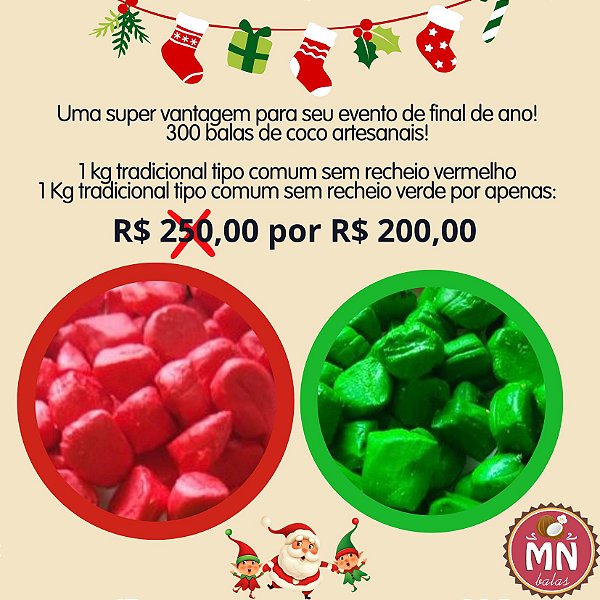 Compre junto 300 balas 2 kg tradicional tipo comum sem recheio tamanho normal sendo 1 kg verde e 1 kg vermelho natal
