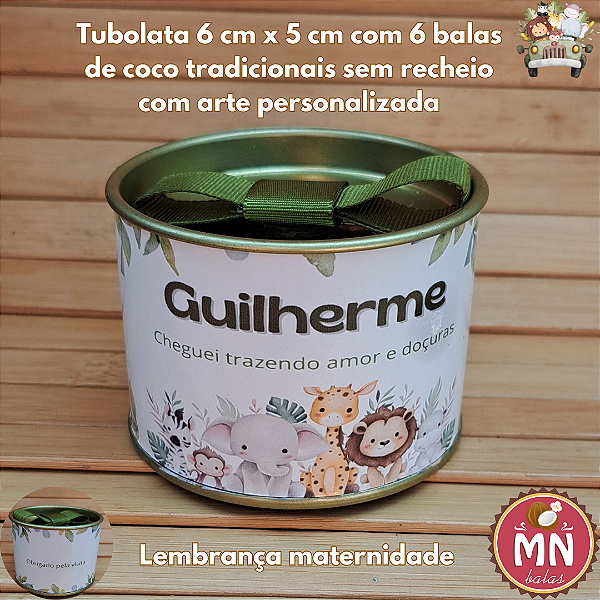 Unidade da tubolata 6 cm x 5 cm com 6 balas de coco tradicionais sem recheio com arte personalizada lembrança maternidade safari