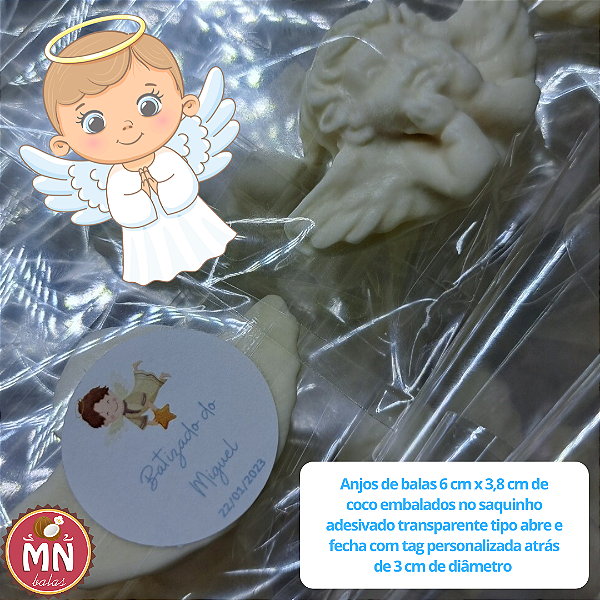 Unidade do anjo ou anjinho de bala de coco 6 cm x 3,8 cm embalado no saquinho adesivado transparente tipo abre e fecha com arte e tag adesiva personalizada 3 cm de diâmetro colada atrás BATIZADO