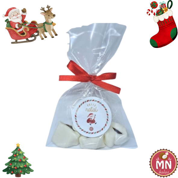 Unidade do saquinho de natal com tag personalizada e 4 balas recheadas de brigadeiro/chocolate 50% cacau no tamanho normal e cor da bala branca