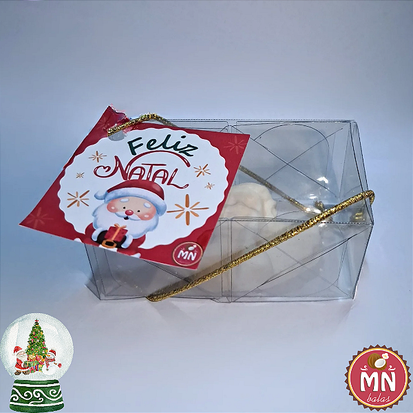 Unidade da mini caixa cristal de natal 8 cm x 4 cm x 4 cm com um anjinho de bala de coco, com fita e tag natalina