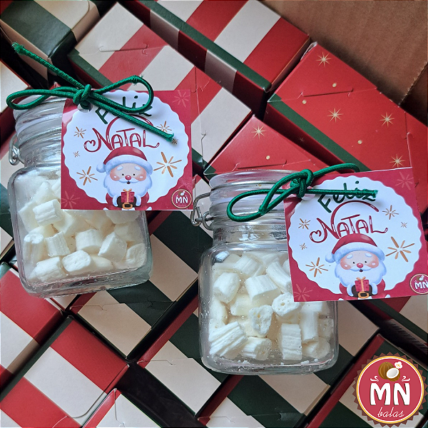 Unidade do pote de natal 100 ml hermético vidro com silicone com 60 mini balas de coco com fita e tag
