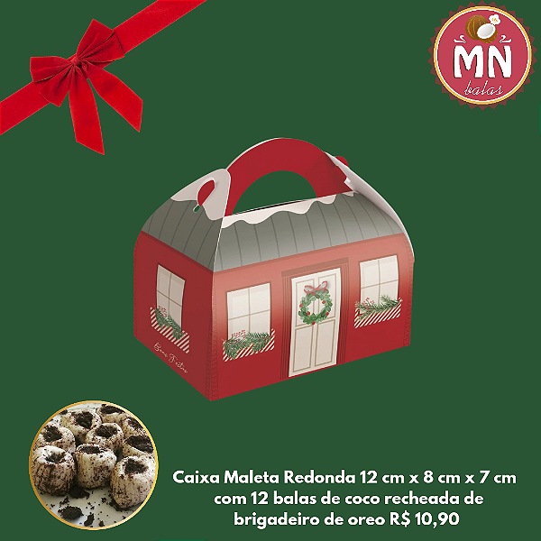 Unidade da Caixa Maleta Redonda 12 cm x 8 cm x 7 cm com 12 balas de coco recheadas de brigadeiro de oreo