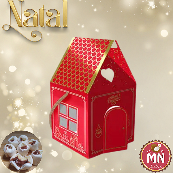 Unidade da caixa casinha natal vermelha 10 cm x 10 cm x 17 cm com 25 balas de coco recheadas de leite ninho com nutella