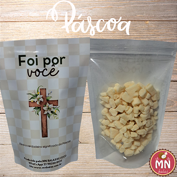 Unidade Saquinho Hermético Ziplock Páscoa Foi por você 10 cm x 15 cm com 60 g cerca de 80 mini balas de coco tradicionais