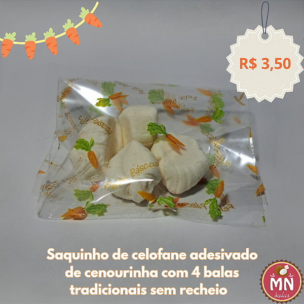 Unidade do saquinho de celofane adesivado de cenourinha com 4 balas tradicionais sem recheio