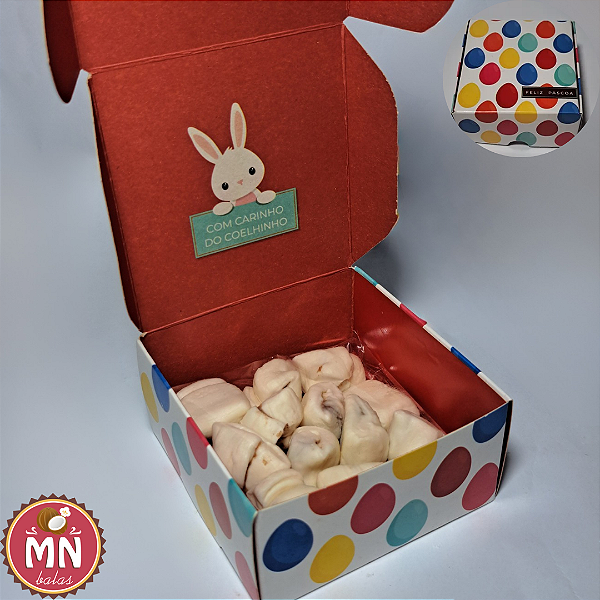 Unidade da caixa tubo de Páscoa com 15 balas de coco recheadas de brigadeiro/chocolate 50% cacau no tamanho 7 cm x 7 cm x 7 cm