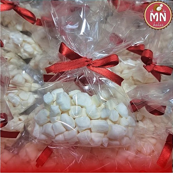 Unidade do saquinho com cerca de 20 mini balas fechado com fita de amarrar (uma cor de fita