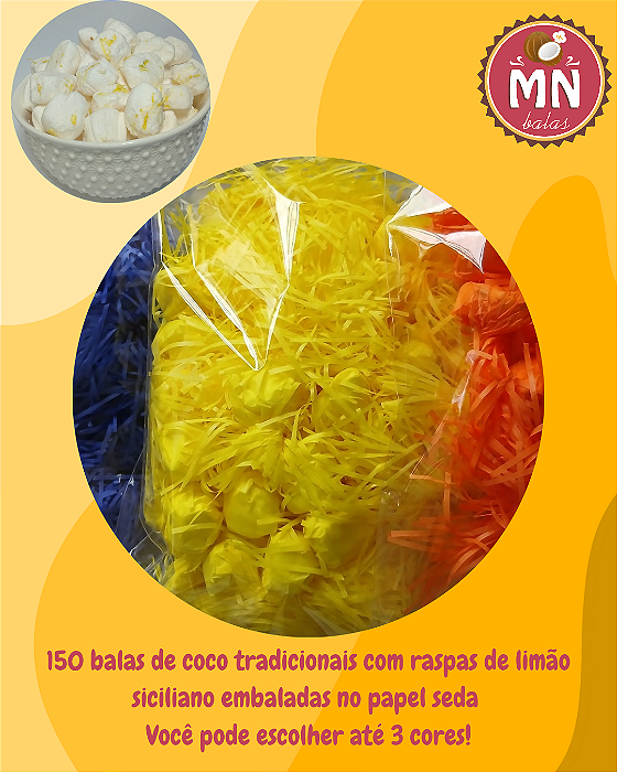 Kit com 150 balas tradicionais com raspas de limão siciliano sem recheio comum no papel franjinha ou papel seda vintage balas de coco anos 90