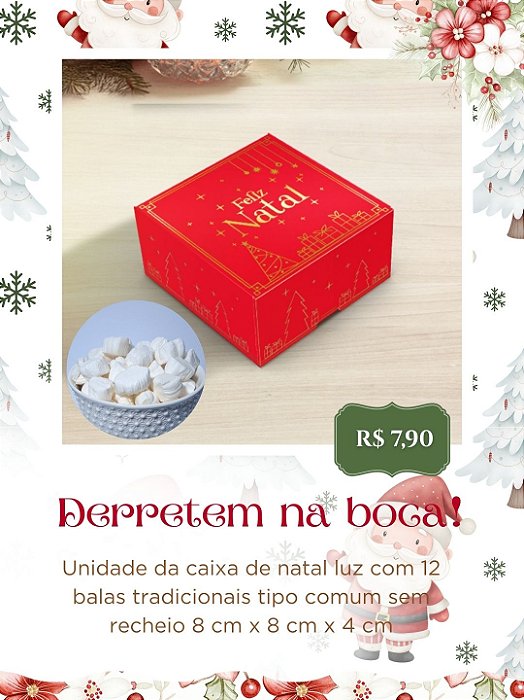 Unidade da caixa de natal com 12 balas tradicionais 8 cm x 8 cm x 4 cm
