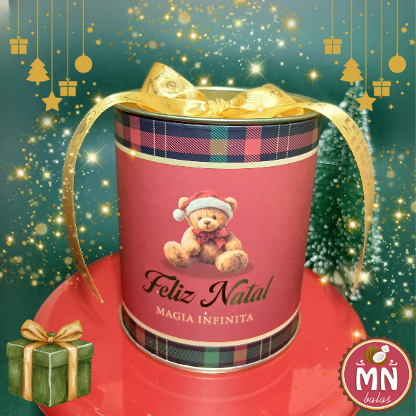 Unidade da tubolata de natal ursinho vermelha 11 cm x 9 cm de natal com 15 balas tradicionais tipo comum sem recheio no tamanho normal