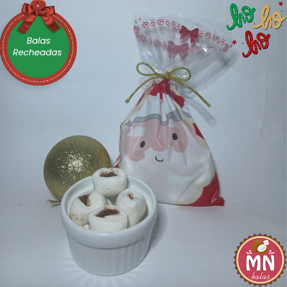 Unidade do saquinho 12 cm x 22 cm com 15 balas recheadas (escolher sabor) Poli Papai Noel Natal