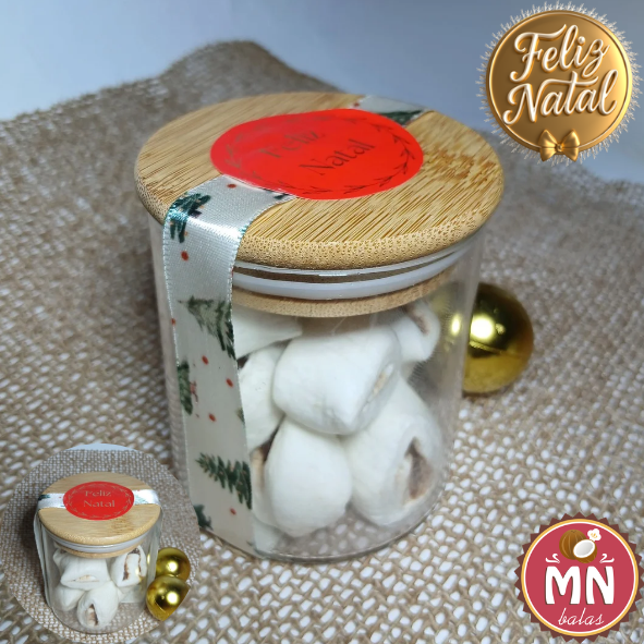 Unidade do pote de vidro com tampa de bambu de natal 200 ml com 10 balas recheadas (escolher sabor)