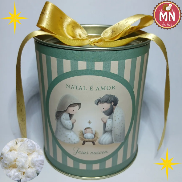 Unidade da tubolata de natal Jesus Nasceu 11 cm x 9 cm de natal com 15 balas tradicionais tipo gourmet sem recheio no tamanho normal