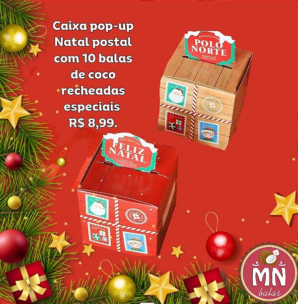 Unidade da caixa de natal postal pop up com 10 balas recheadas especiais 7 cm x 7 cm (escolher sabor)