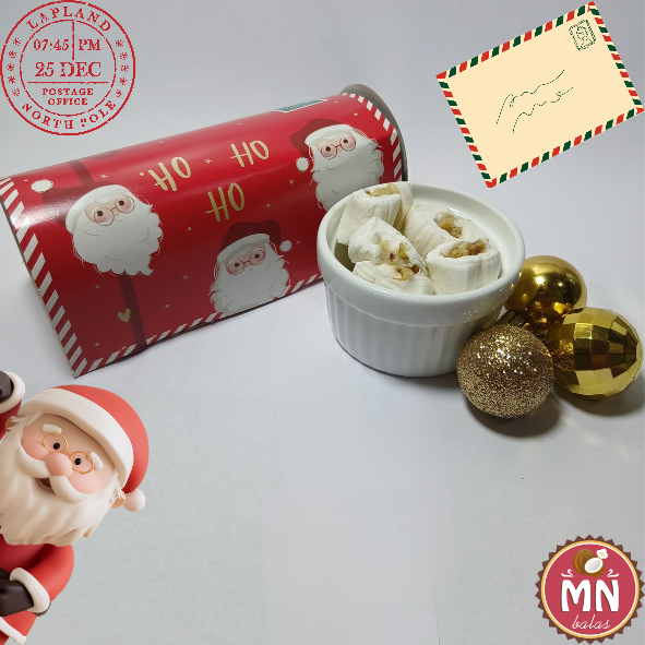 Unidade da caixa de natal vermelha hohoho 13,5 cm x 5,5 cm x 5 cm com 12 balas recheadas (escolher sabor):