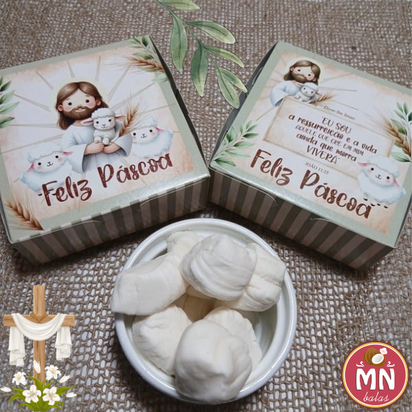 Unidade da caixa de Páscoa Ressurreição com 12 balas tradicionais sem recheio (MAIOR QUANTIDADE) caixa no tamanho 8,5 cm x 8,5 cm x 8,5 cm