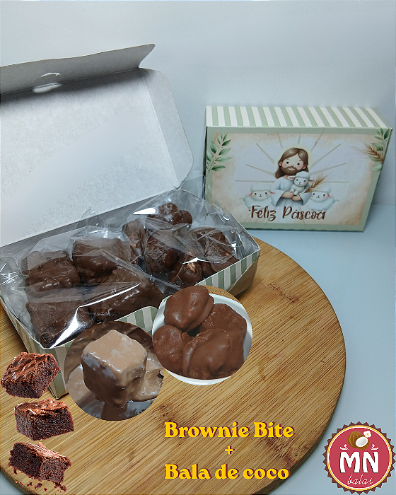 Unidade da caixa de Páscoa Ressurreição com 4 brownies bites e 6 balas de coco sem recheio com cobertura de chocolate ao leite, caixa no tamanho 12 cm x 8 cm x 3,5 cm
